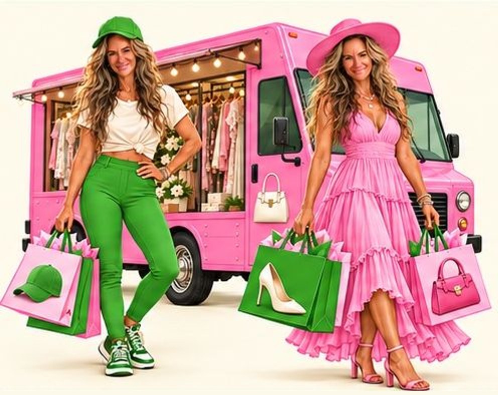 Two women, one in green and one in pink, carrying shopping bags in front of a pink boutique truck